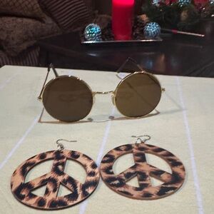 Round Gold Sunglasses with Leopard Peace Earrings